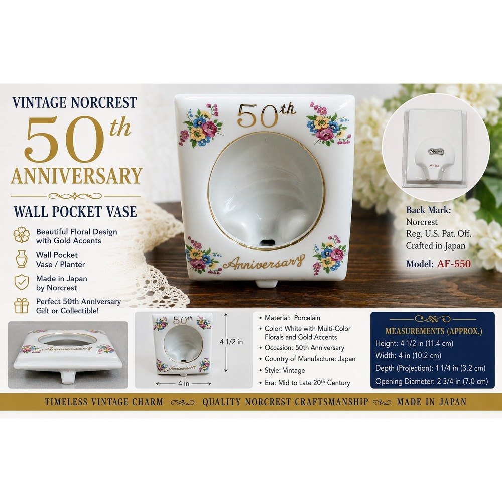 Vintage Norcrest 50th Anniversary Wall Pocket Vase Porcelain Floral Japan AF-550